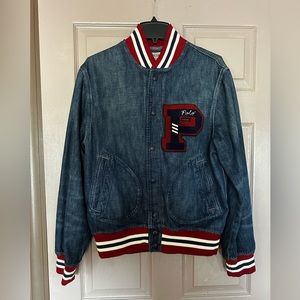 Polo Ralph Lauren Back Embroidery Denim Varsity Baseball Jacket In Mid Wash